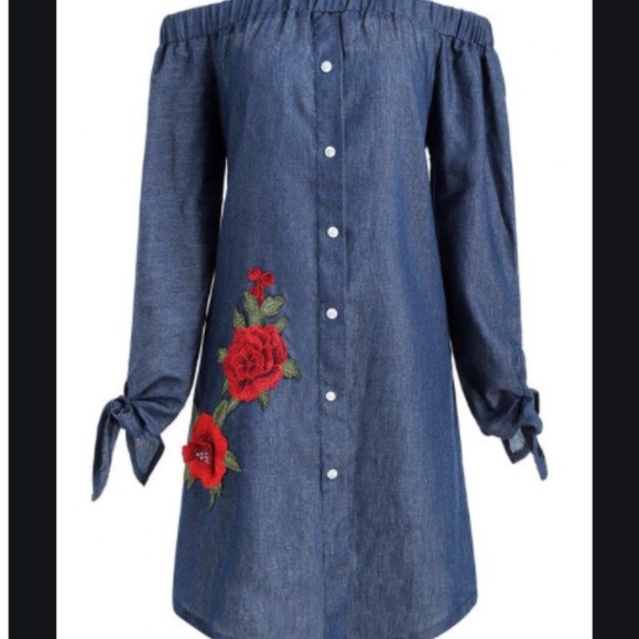 Floral Applique Chambray Off Shoulder Dress - Picture 1 of 8